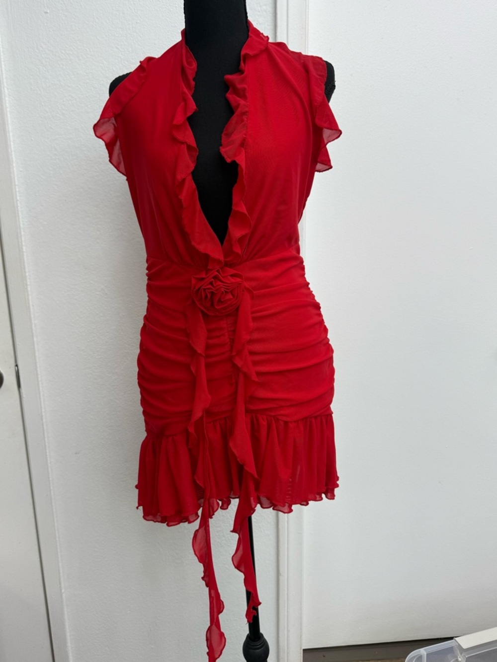 Red Ruffled Deep-V Dress with Waist Tie